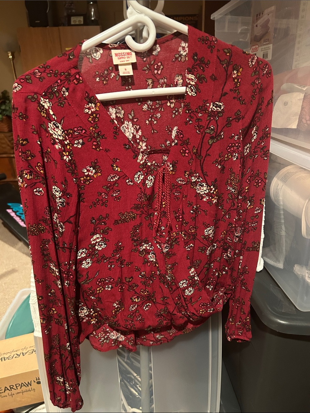 Mossimo Supply Co. Burgundy Floral Tie-Front Blouse